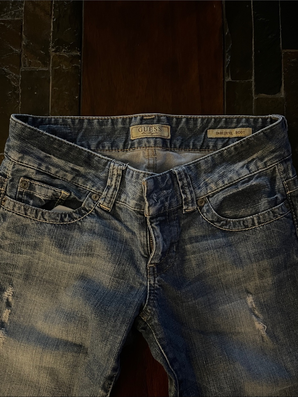 GUESS Los Angeles Daredevil Boot Women's Distressed Medium Blue Bootcut Jeans